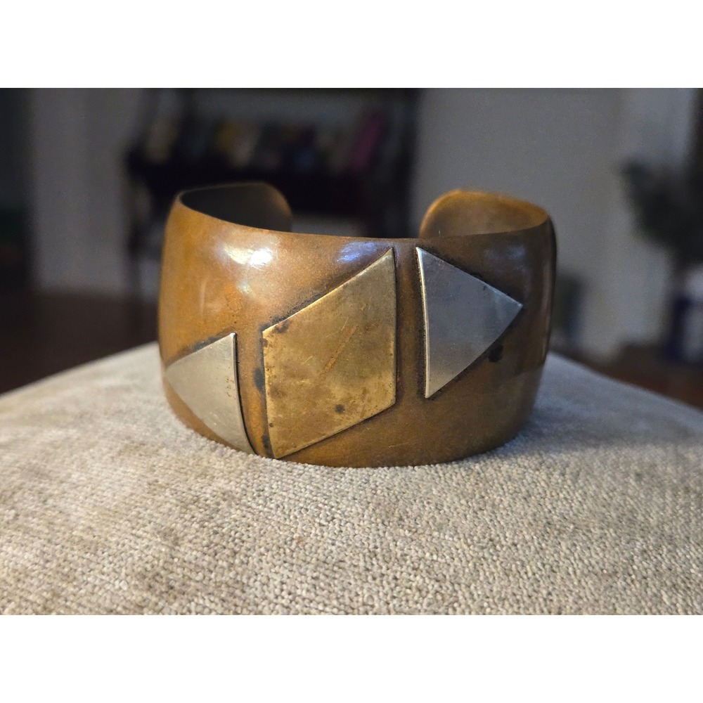 Small Brass Cuff Geometric Design Retro Brutalist Boho Vintage